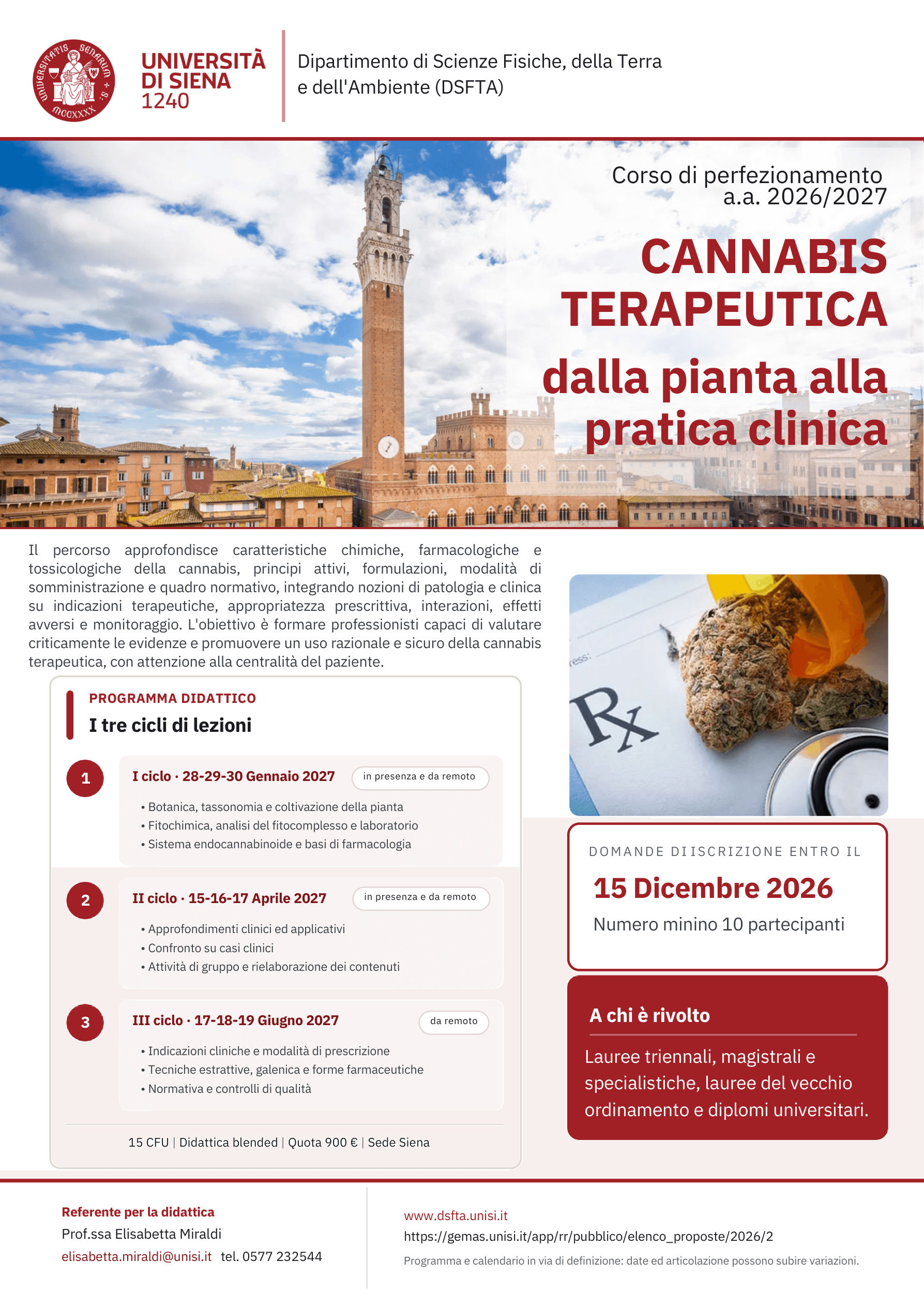 Locandina del corso di perfezionamento "Cannabis Terapeutica: dalla pianta alla pratica clinica", Università di Siena, a.a. 2026/2027 – I ciclo gennaio, II ciclo aprile, III ciclo giugno 2027