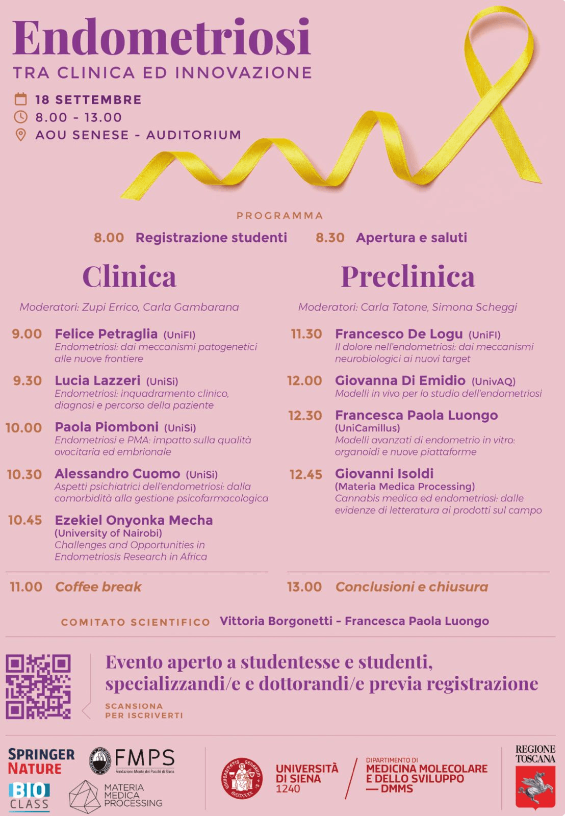 Locandina dell'evento "Endometriosi tra clinica ed innovazione", AOU Senese Auditorium, 18 settembre, 8.00-13.00 – con il sostegno di Materia Medica Processing