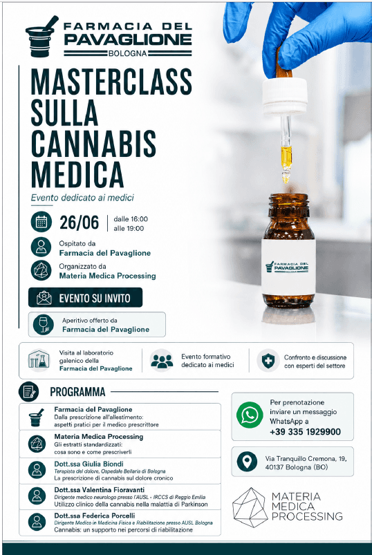 Locandina della masterclass sulla cannabis medica, Farmacia del Pavaglione, Bologna, 26 giugno