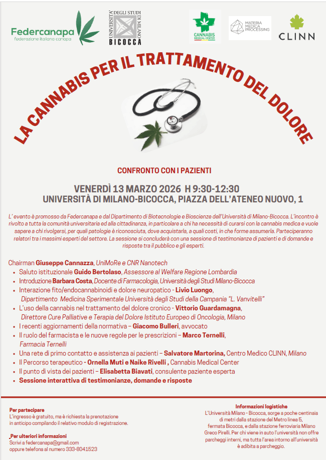 Locandina dell’evento "La cannabis per il trattamento del dolore: confronto con i pazienti", Università di Milano-Bicocca, 13 marzo 2026