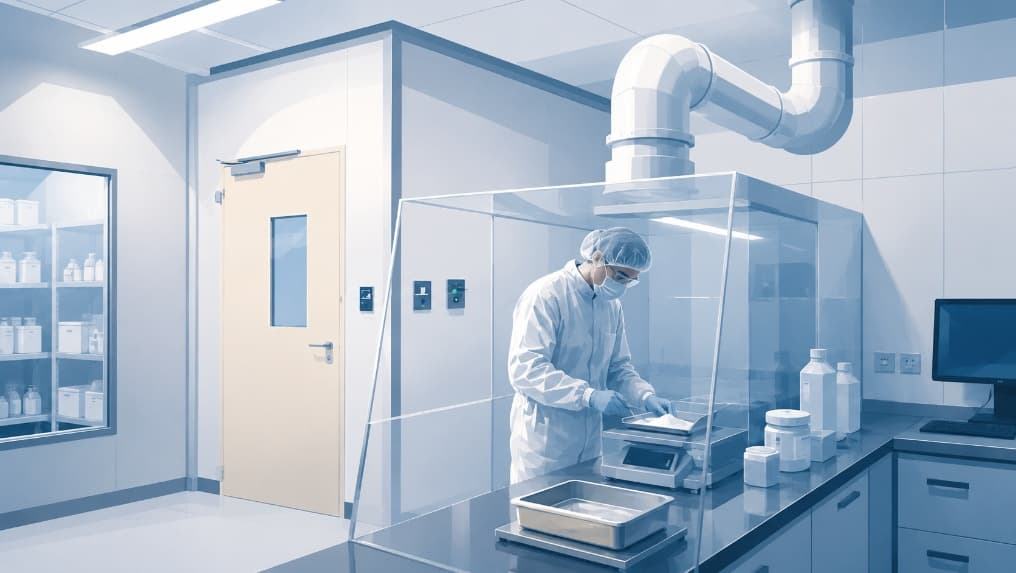 Illustrazione dell’officina farmaceutica: operatore in tuta sterile pesa un principio attivo sotto cappa a flusso laminare